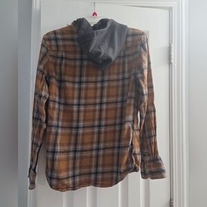Old Navy Brown/Gray Brushed Flannel Plaid Shirt/Shacket with Gray Hood